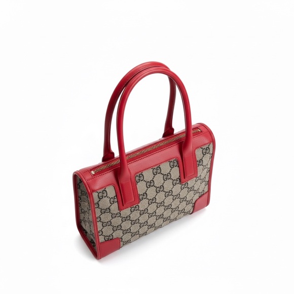 Vintage Gucci Mini GG Canvas Bag Red Leather Trim | Rare Structured Top Handle - Picture 3 of 7